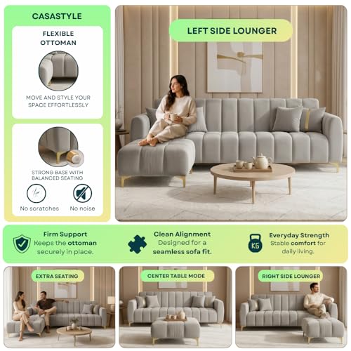 Image of CASASTYLE Hanster 4 Seater L Shape Sofa Set with Movable Ottoman | Flexible Left or Right Layout | Cozy Velvet Fabric | Soft Touch Seating with Golden Legs | Sofa for Living Room (Light Grey)