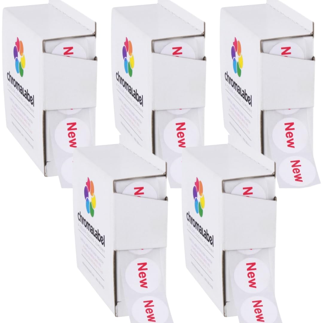 ChromaLabel 3/4 Inch Round New Imprinted Labels, New Item Stickers, Grocery Store and Inventory Labels, 1000 New Stickers per Dispenser Box - Case of