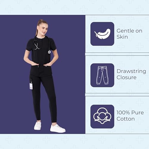 MIKAL Uniforme médico/médico de malha premium de algodão super macio com 5 bolsos, Preto, Large