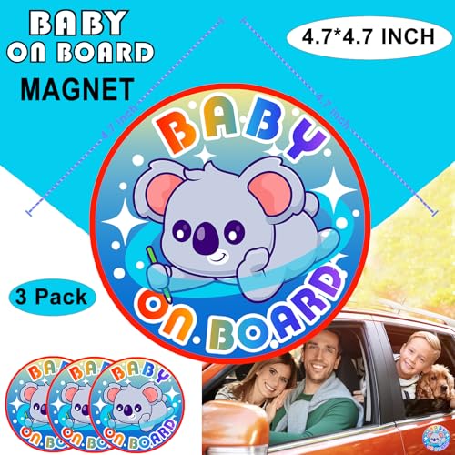 Image of Baby on Board Magnet for Car, Reflective Babies on Board Magnetic Sticker Car Sign, 3 Pack Waterproof Kids Safety First Warning for Parents (Blue Koala)