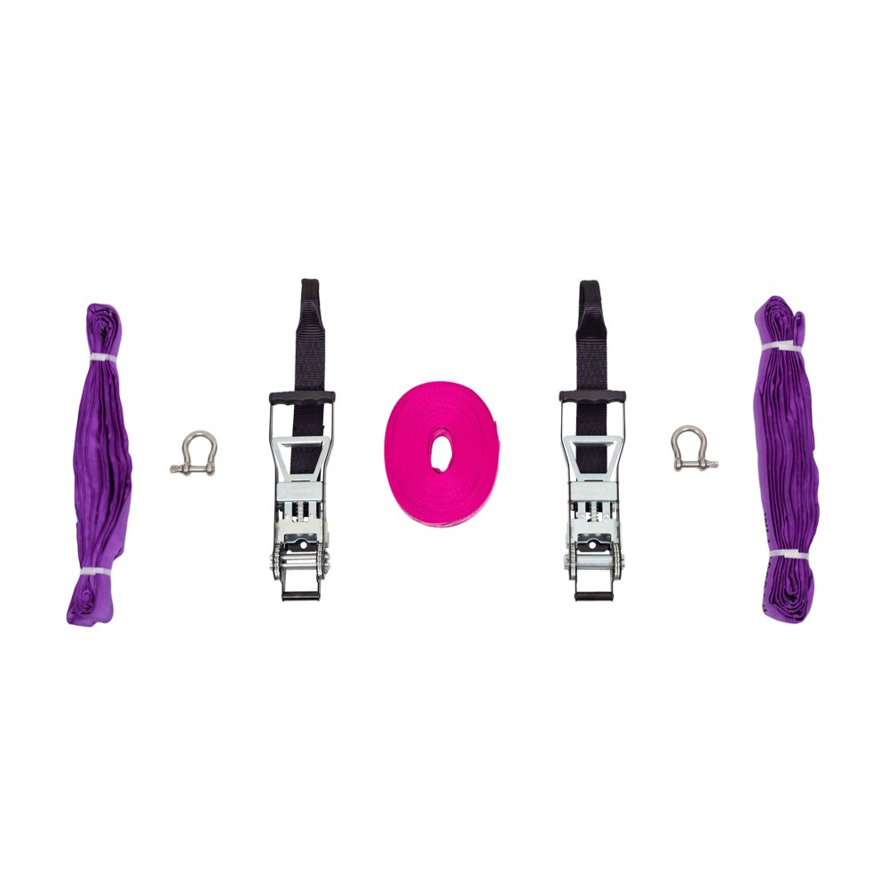 Kit Pro Line 25 für Sprünge, Gehen, Freestyle - Gurt 25 m mit Zwei Ratschen, Zwei Baumgurten, Grillverbindern, Transporttasche inklusive