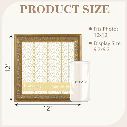 Image of VIOLABBEY 10x10 Frame Gold, Vintage Square Photo Frame Ornate without Mat | Antique Photo Frame, Wall Hanging or Tabletop Display, HD Plexiglass, Wall Decor