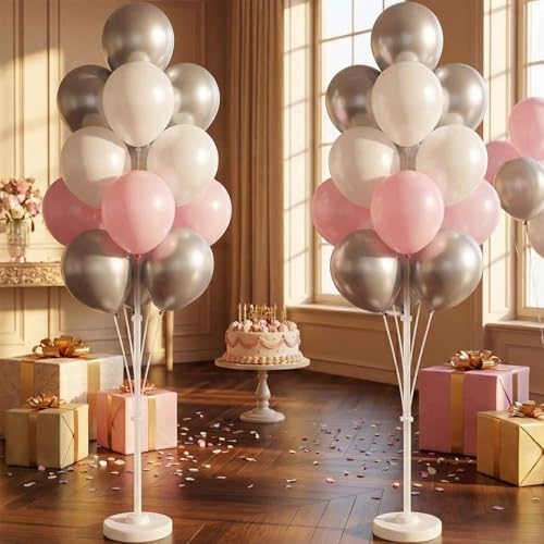 Image of 2 Set Balloon Stand Kit with Metallic Silver Pearl Light Balloons Column Kit for Floor&Table Backdrop Decor for Theme,Gender Reveal Party Weddind,Bridal Shower Birthday Graduation