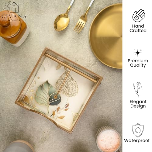 Image of Wooden Napkin Holder with Gold Engraving | Pack of 1 | Size : 7.5 x 7.5 inch | Enamel Coated Waterproof | Tissue Holder for Dining Table | White Leaf Napkin Holder