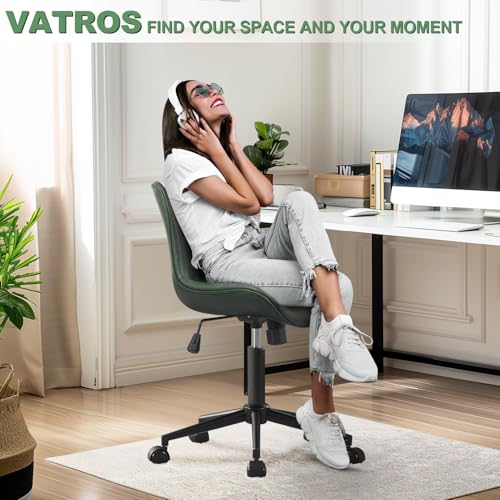 Image of Armless Office Chair, Height Adjustable Desk Chair with Wheels, Ergonomic Comfy 360 Swivel Home Office Computer Task Chair, Faux Leather Padded Cute Vanity Chair,Green