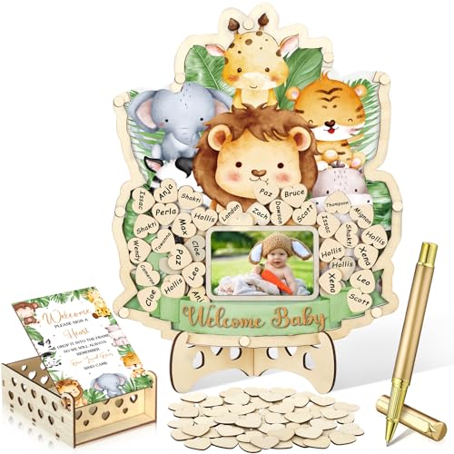 Image of Wenqik 63 Pcs Safari Animal Baby Shower Guest Book Alternatives Set Baby Shower Decorations with Photo Frame Sonogram Frame Keepsake 60 Wood Slices Guest Book for Birthday