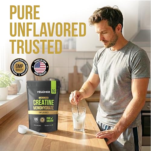 Image of VELOMIX Micronized Creatine Monohydrate Powder - 100% Pure Creatine Powder Unflavored and Easy to Mix | Supports Muscle Growth, Recovery, and Strength | 5000mg Per Serv (5g) - 100 Servings