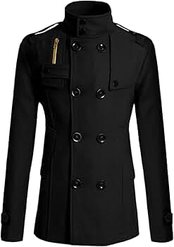 Lars Amadeus Men's Black Pea Coats Stand Collar Double Breasted