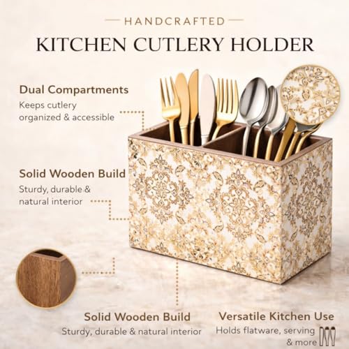 Image of Wooden Cutlery Holder with 2 Sections - Gold Design Spoon Stand for Kitchen & Dining Table Organizer (10x16x12 cm) | Multipurpose Cutlery stand for dining table, Chammach Stand, Table Decor