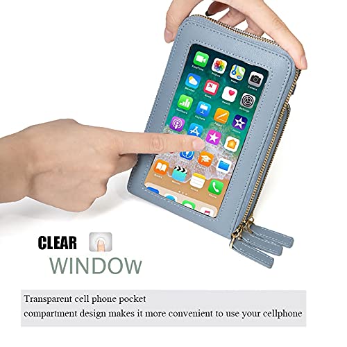 Image of myfriday Touch Screen RFID Phone Crossbody Purse with 2 Straps for Women | Clear phone window, RFID card space, 11 slots and zip pockets support quick calls, errands, theme parks and travel