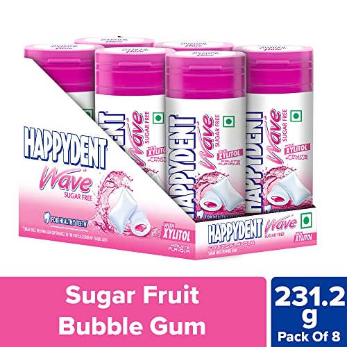 Image of Happydent Wave, Xylitol Sugarfree Fruity Flavour, Bubble Gum Bottle Pack, 231.2g (Pack of 8)