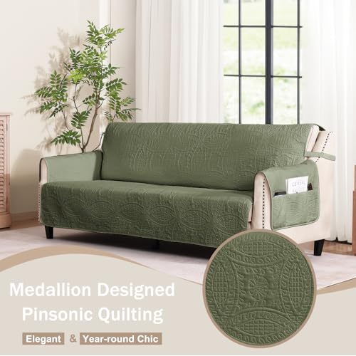 Image of Olive Green Quilted Couch Cover with Pockets for Extra-Large Sofa, Anti-Slip Sofa Covers for Dogs Washable, Pet Friendly Oversized Sofa Cover Water-Repellent (X-Large Sofa 78 inch, Olive Green)