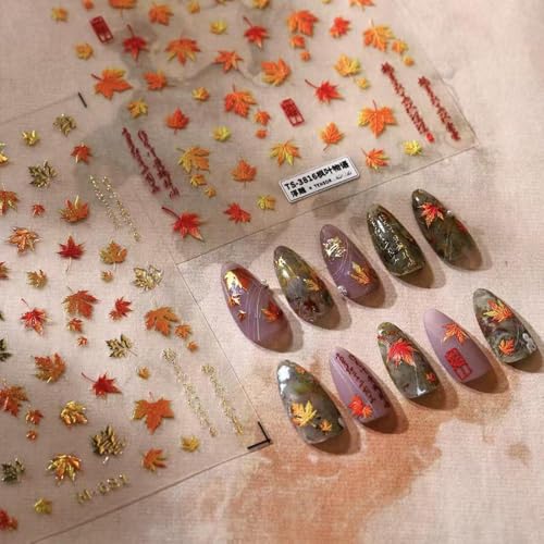 Image of Maple Leaf Nail Stickers Fall Nail Art Decals with Design 5D Embossed Self Adhesive Autumn Leaf Nails Decals for Nails Art Thanksgiving Nail Decoration Fall Nails Supplies for Women DIY Manicure