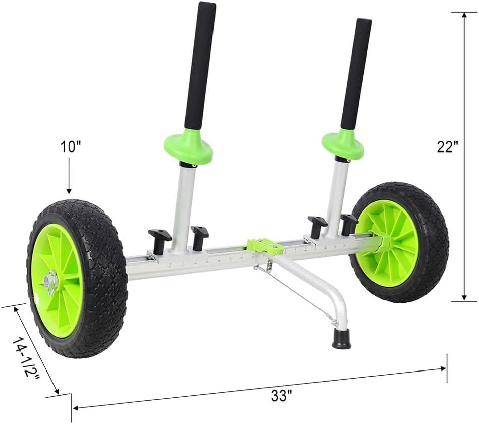 Sit-On-Top Kayak Cart, Adjustable Aluminum Kayak Dolly with 10-Inch PU Wheels, Lightweight Detachable Trolley for Fishing Kayaks & Canoes with Scupper Holes, Foldable Kayak Carrier, Green