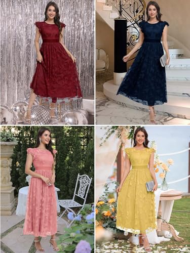 Image of Women's Casual Tulle Midi Dress Ruffle Sleeve Crewneck Lace Flowy Dresses Party Wedding Guest Sundress