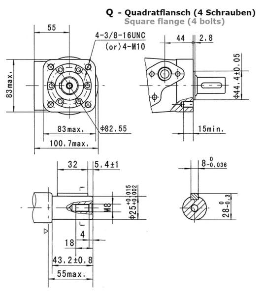 Hydraulikmotor Hydromot, Typ CPMQ125CD, Schluckvolumen 125 cm3/U, Anschlüsse: G 1/2‘‘, Welle: Ø 25 mm zylindrisch, Modell Längsschieberventil, 4-Loch Quadratflansch