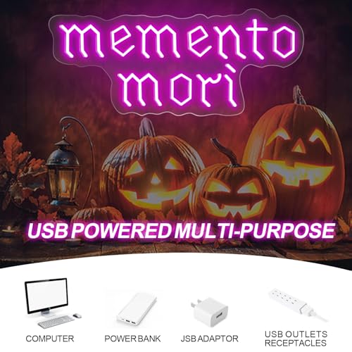 Image of Memento Mori Neon Sign, Purple Stoic Wall Art, Gothic LED Light, Creepy Halloween Decor, Gothic Decoration, Satanic Witch Decor, 16.5 inchx6.7 inch