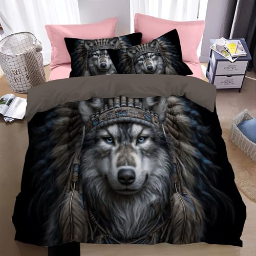 Housse de couette 220x240 loup imprimé plumes avec fermeture éclair invisible - 3