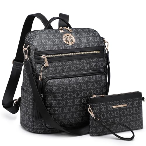 Image of JULIE FERRARO Women Convertible Backpack Purse, Large PU Leather Travel Backpack with Multi Pockets, Shoulder Handbag Set with Wristlet for Work, Travel & Daily Use