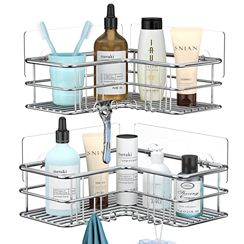 Menbyci 2 Pack Corner Shower Caddy, Adhesive Bathroom Shelf with 8 Hooks, Rustproof Stainless Steel Bathroom Organizer, No Drilling Shower Shelves Basket Wall Storage Rack Shampoo Holder (Silver) - Cosy Home Interiors Menbyci 2 Pack Corner Shower Caddy, Adhesive Bathroom Shelf with 8 Hooks, Rustproof Stainless Steel Bathroom Organizer, No Drilling Shower Shelves Basket Wall Storage Rack Shampoo Holder (Silver) - Image 6
