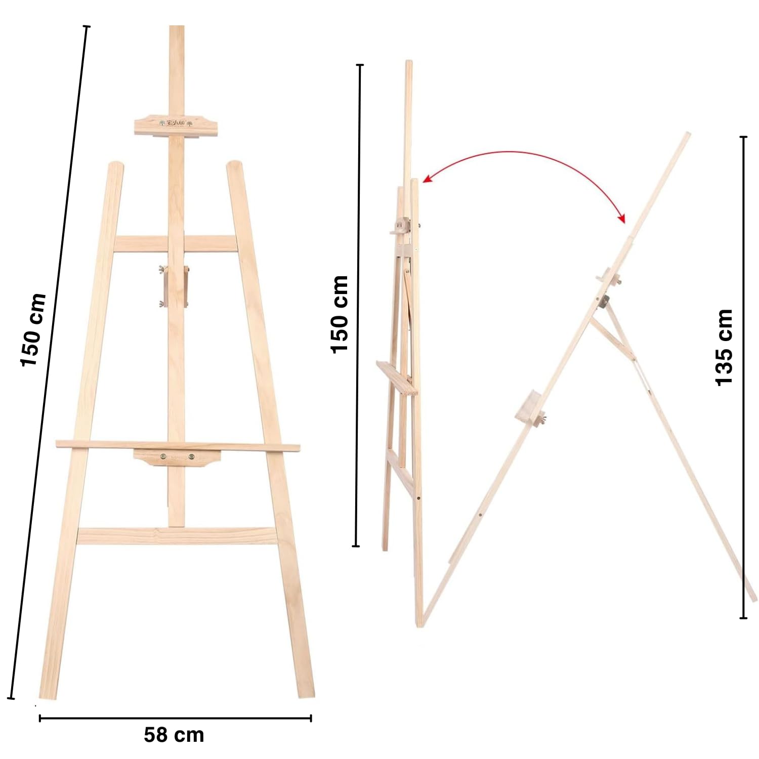 KROWN - Caballete de Pintura de Madera 150 cm, Ajustable y Plegable, Ideal para Arte, Decoración, Bodas y Uso Infantil o Adulto, Soporte para Lienzos Grandes y Pequeños