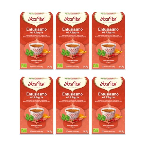 Yogi Tea Entusiasmo ed Allegria Bio - Infuso Ayurvedico - Miscela di Basilico, Buccia d'Arancia e Peperoncino - Senza Caffeina - Confezione da 6x17 bustine (102 bustine in totale)