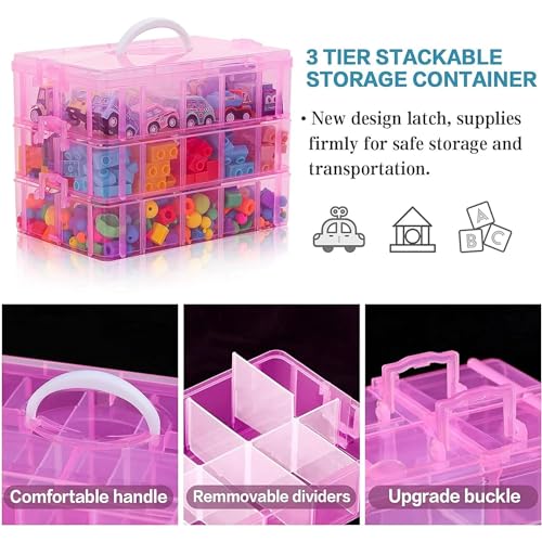 Image of RECLUSE PINK Stackable 3 Tier 30 Grids Clear Plastic Storage Box with Adjustable Compartments for Sewing Accessories, Screws, Bolts, Jewellery, Office Supply Pins & Clips, Small Parts & Hardware