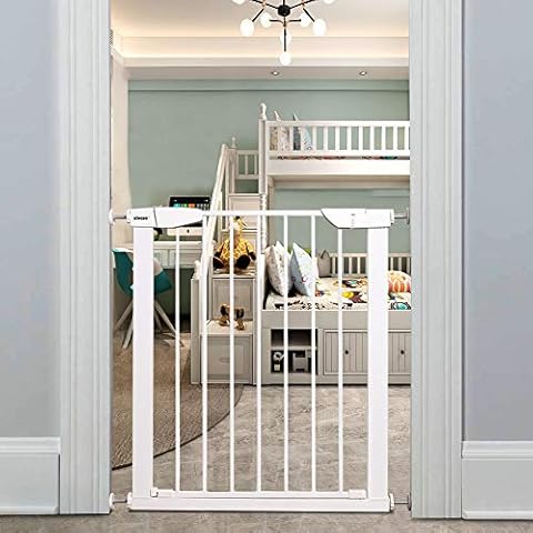WAOWAO Narrow Walk Through Baby Gate Auto Close Tension 25.57"-28.32" Wide White Metal Child Pet Safety Gates with Pressure Mount for Stairs,Doorways Cover