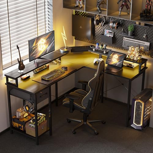 Image of CubiCubi 59 Inch L Shaped Desk with USB Charging Ports and LED Lights, Corner Computer Desk with Drawer and Storage Shelf, Home Office Desks with Monitor Stand and Power Outlets, Black