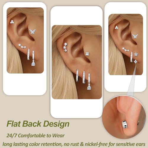 Hypoallergenic Flat Back Earrings for Cartilage Earring Set for Multiple Piercing Sterling Silver Huggie Hoop Earrings for Women 14K Gold Small FlatBack Stud Trendy Earring Stacks3