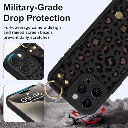 Coque iPhone 15 Pro Max léopard noir avec dragonne et support silicone