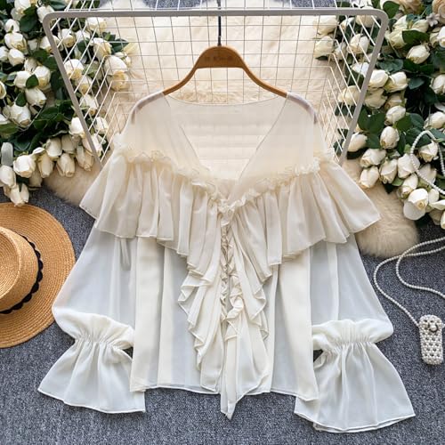 Elegant Ruffle Blouses Layer Bell Sleeve V-Neck Flared Casual Dressy Tops Party Evening Wear2