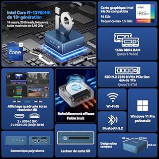 GEEKOM IT13 Mini PC avec Intel Core i9-13900HK (Best Mini PC -WinCentral) 1To SSD&16Go RAM(Évolutif, non-LPDDR), Windows 11 Pro,6X USB,Lecteur SD,4 écrans 8K,Mini Ordinateur de Bureau-Entreprise,École