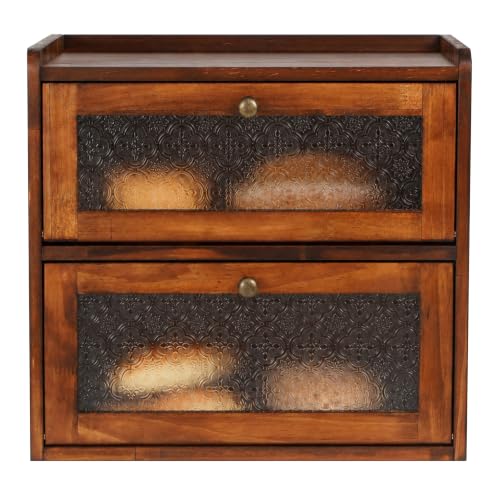 Sunhoo Bread Box for Kitchen Countertop, Large Pine Wood Breadbox, Brown | Farmhouse Pantry Container, Double Layer Storage, Fresh Homemade Sourdough Bin, Vintage Textured Acrylic Door, Easy Assembly
