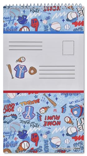 Image of iscream + Corey Paige Designs Fold and Send Boys Stationery Set - Baseball | 40 Pack, Fun Print, Spiral Bound, Large 10.5 inch x 5.75 inch Cards, Coordinating Sticker Sheets, Fold and Send, Summer Camp Ready