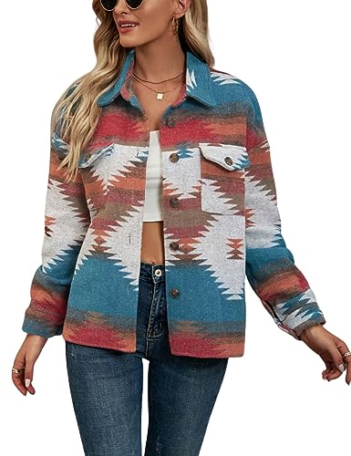 Chevara Women’s Vintage Ethnic Aztec Jacket Long Sleeve Button Up Woolen Shacket Western Jackets