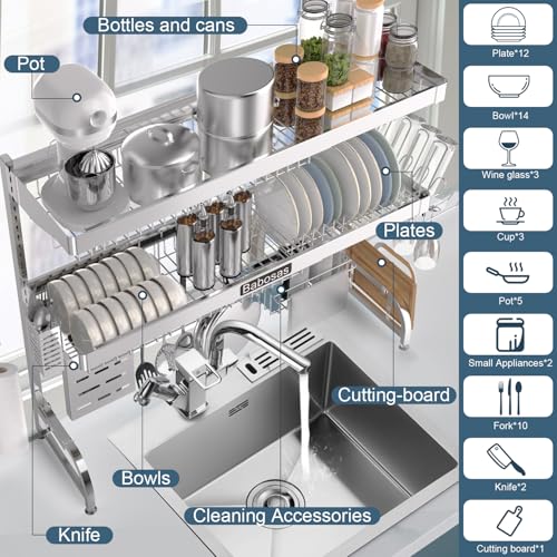 Babosas Over The Sink Dish Drying Rack,3 Tier Adjustable Length (25.5'' to 37.4'') Full Stainless Steel Large Storage Kitchen Dish Rack,For Kitchen Counter Expandable Multifunctional Organizers,Silver by Babosas - Image 3