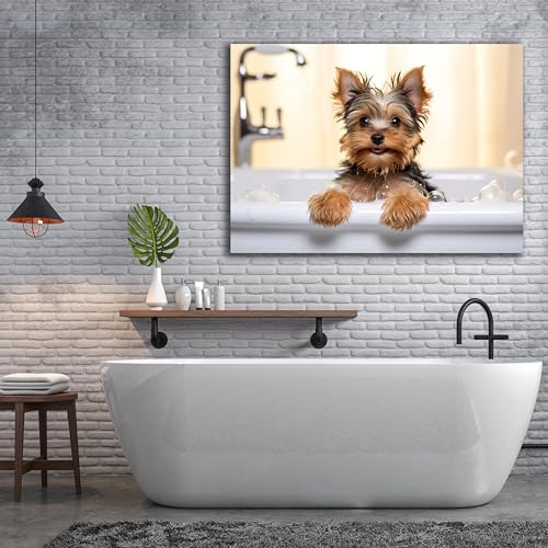DARO Design - Toiletten-Bild auf 6mm HDF 70x50 cm Hunde-Welpe Yorkshire Terrier in der Badewanne - Wand-Deko Bilder Lustiges Geschenk
