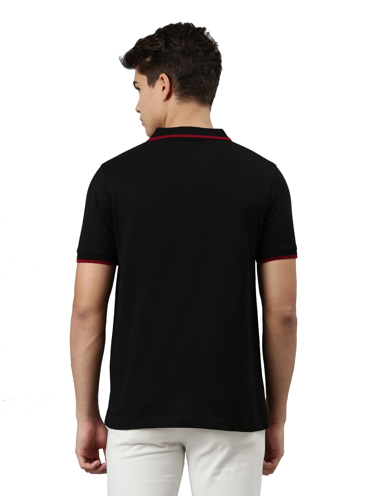 Dixcy Scott Originals Mens Regular Fit Polo Neck Short Sleeves Cotton T-Shirt(Jet Black and Black Beauty with Red Collar Tapping)-L 2
