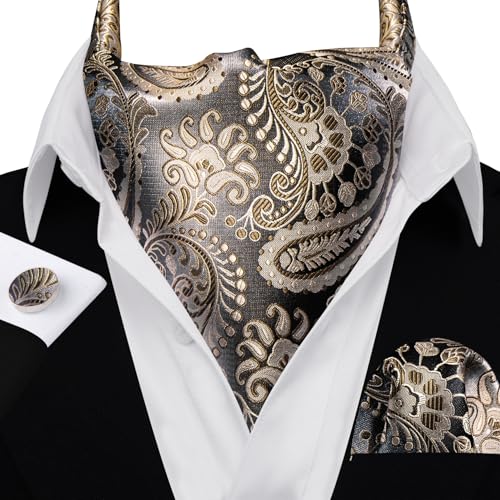 Image of Barry.Wang Ascot Ties Cravat Tie Men Paisley Plaid Scarf Self Tie Pocket Square Cufflinks Set Wedding Party
