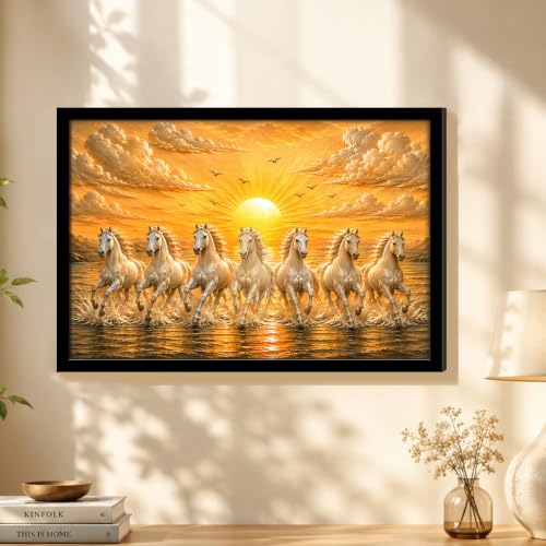 Image of PAINTINGMANTRA 7 White Running Horses Framed Wall Art Painting For Living Room, Vastu Poster with frame for Wall, Decoration item for bedroom, 13x17.5 Inch