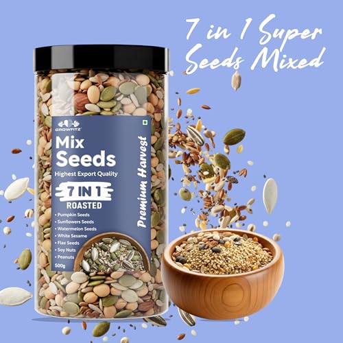 Image of Growfitz 7-in-1 Super Seed Mix | Pack of 2 (500g Each)| 24.4g High Protein & Fiber | Roasted Pumpkin, Sunflower, Flax, Chia, Soy Nuts & Sesame | Healthy Snack |
