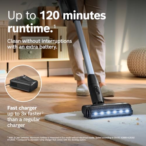 Image of Bosch Unlimited 9 Cordless Stick Vacuum Cleaner, 2 Batteries, Fast Charger | Vacuums Pet Hair, Multi-Surface, Hard Floors and Carpets - HEPA Filter - 15 to 60 Min Battery - 6 Accessories - Dark Cream