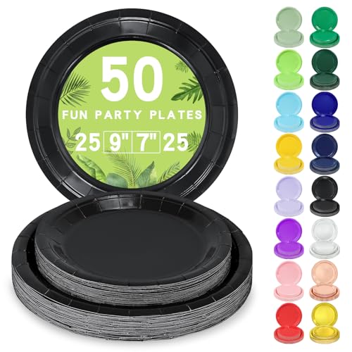 LANLISA 50 Black Paper Plates Disposable 25-9 & 25-7 Disposable Birthday Cake Dessert Plates For Graduation Baby Shower Party Supplies
