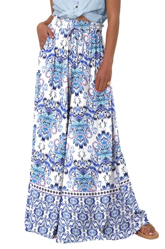 CFLONGE Women Wide Leg Pants Casual High Waist Floral Palazzo Pants for Women Flowy Trendy Lounge Boho Beach Trousers Pockets