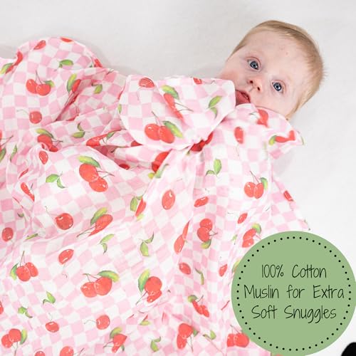 Image of LollyBanks 100% Cotton Baby Swaddle Blanket for Baby Girls, Gentle and Soft Muslin Swaddle, Lightweight 47 x 47 Inches Swaddling Blankets for Newborn, Baby Girl Newborn Essentials (Cherry Print)