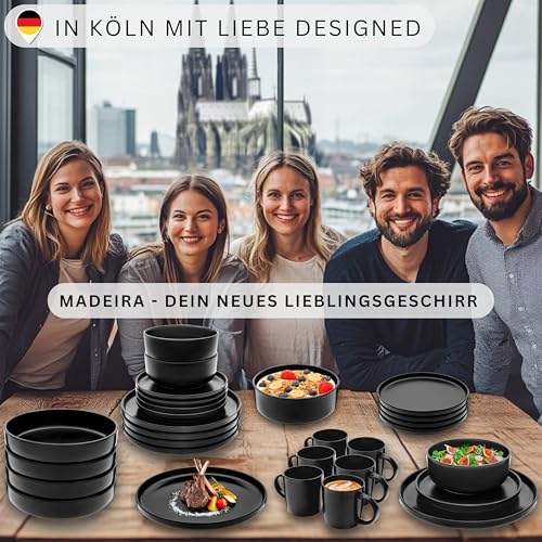 SÄNGER Madeira | Steingut Geschirr Set 18 tlg, Teller Set 6 Personen, Geschirrset 6x Speiseteller 6x Müslischalen 6x Dessertteller, Tafelservice schwarz kratzfest, Essgeschirr matt | VALUE COLLECTION