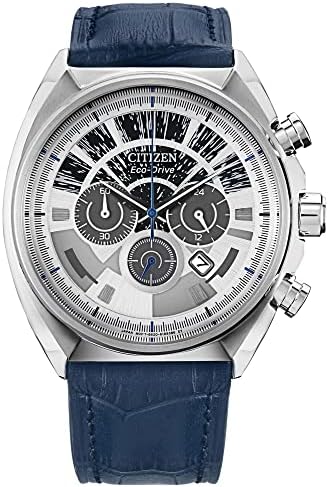 Citizen Eco-Drive Men's Star Wars Millennium Falcon Stainless Steel Chronograph Watch, Blue Leather Strap, Luminous, 44mm (Model: CA4281-00W)
