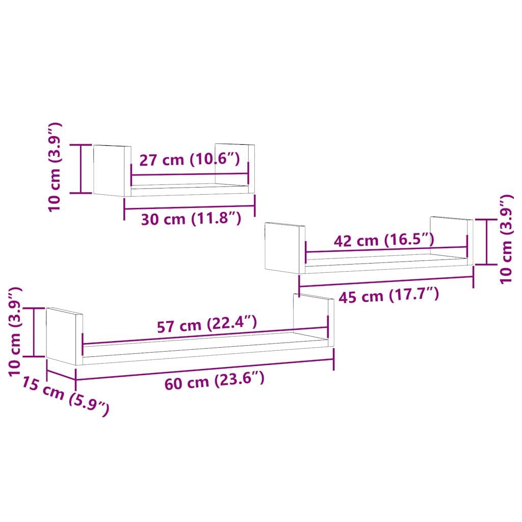 Set di 3 Mensole a Parete in Legno Antico Truciolato, Dimensioni 30-60cm, Stabili Durevoli e Salvaspazio, per Decorare Pareti in Bagno Cucina Soggiorno