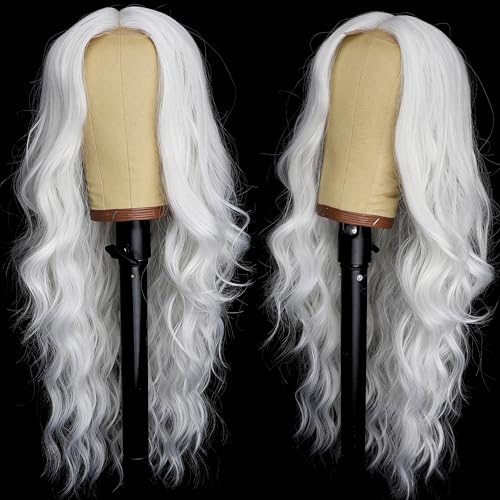 Image of AISI HAIR White Wig for Women, Long Wavy Lace Hairline Middle Part Synthetic Wig for Daily Party-26 Inch